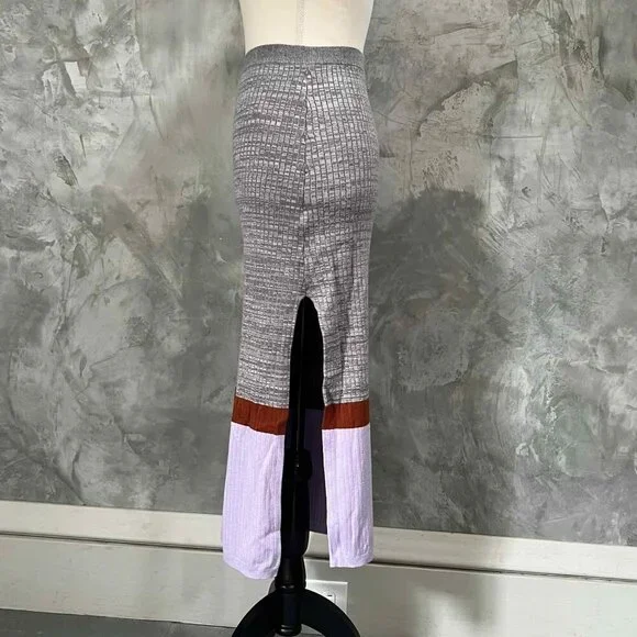 Free People Colorblock Midi Knit Ribbed Skirt Size Small Slit Pull On Boho Chic - Picture 4 of 10